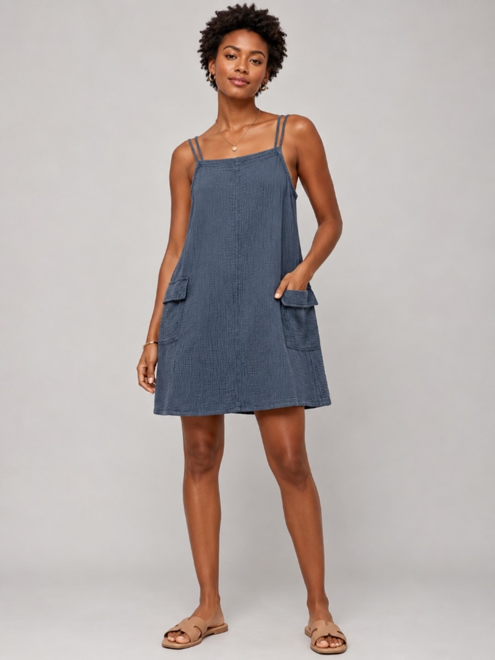 elleborn Cotton Gauze Cargo Mini Dress Small Blue Boho Coastal Sundress
